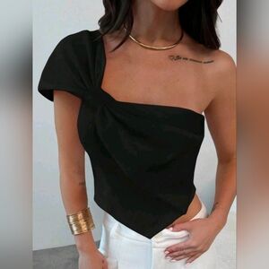 Firerie Women's Elegant Solid Color Asymmetrical Bow Shirt, Off-Shoulder Shirt/L